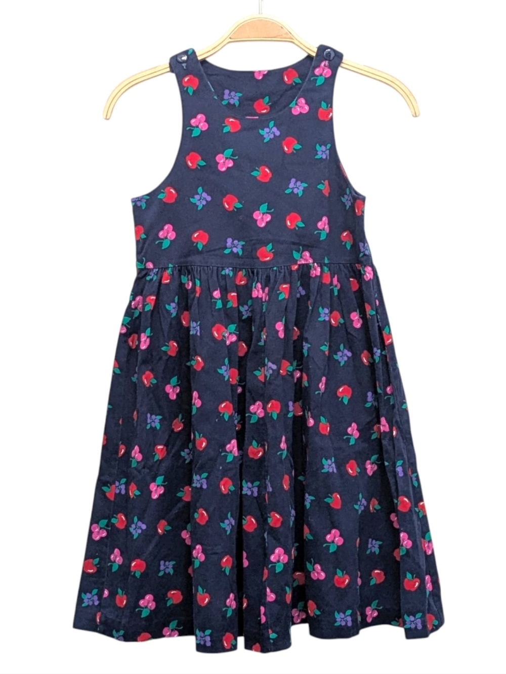 Vintage Hartstrings Apple Cherry Print Navy Blue Sleeveless Dress 7